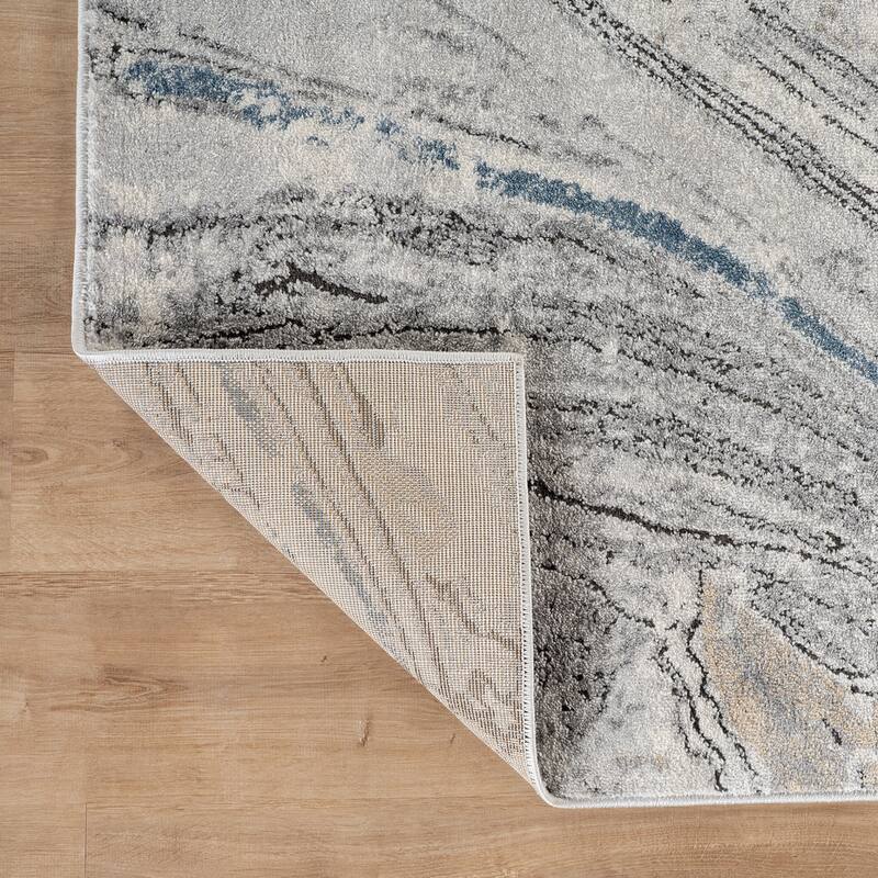 Marble Swirl Distressed Area Rug - Low-Pile Rug for Living Room, Bedroom - Polypropylene/Polyester with Jute Backing