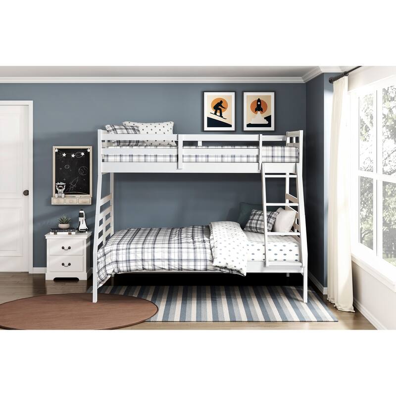 Classic White Twin Over Full Bunk Bed with Guard Rails and Ladder