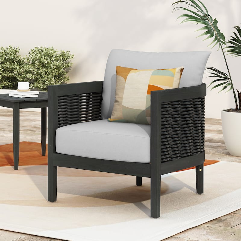 Christopher Knight Home Burchett Acacia Wood and Wicker Outdoor Club Chair with Cushions - Light Grey+Polyster