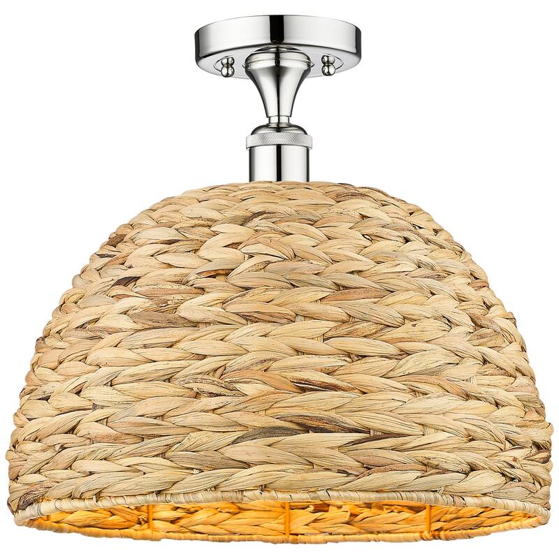 Innovations Lighting 616-1F-14-16 Woven Rattan Semi-Flush Woven Rattan - Polished Chrome / Natural