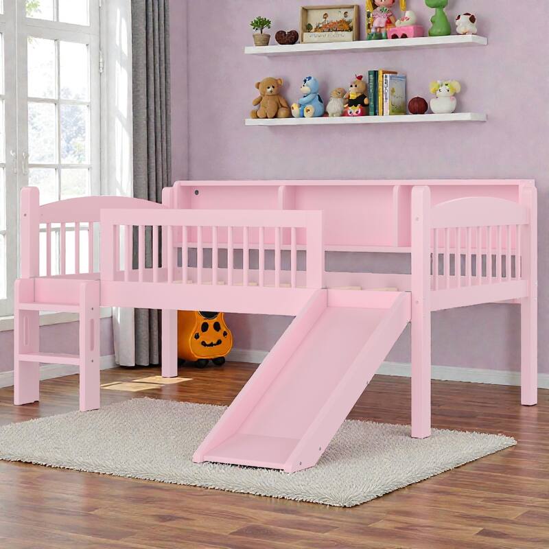 Twin XL/Twin Wood Loft Bed with Storage Shelves, LED Lights, Full-Length Guardrails & Solid Wood Frame, No Box Spring Needed