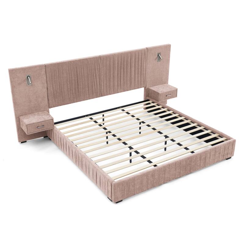 Queen Size Upholstered Platform Bed with Headboard, Chenille Fabric, and Built-in Nightstand, Pink