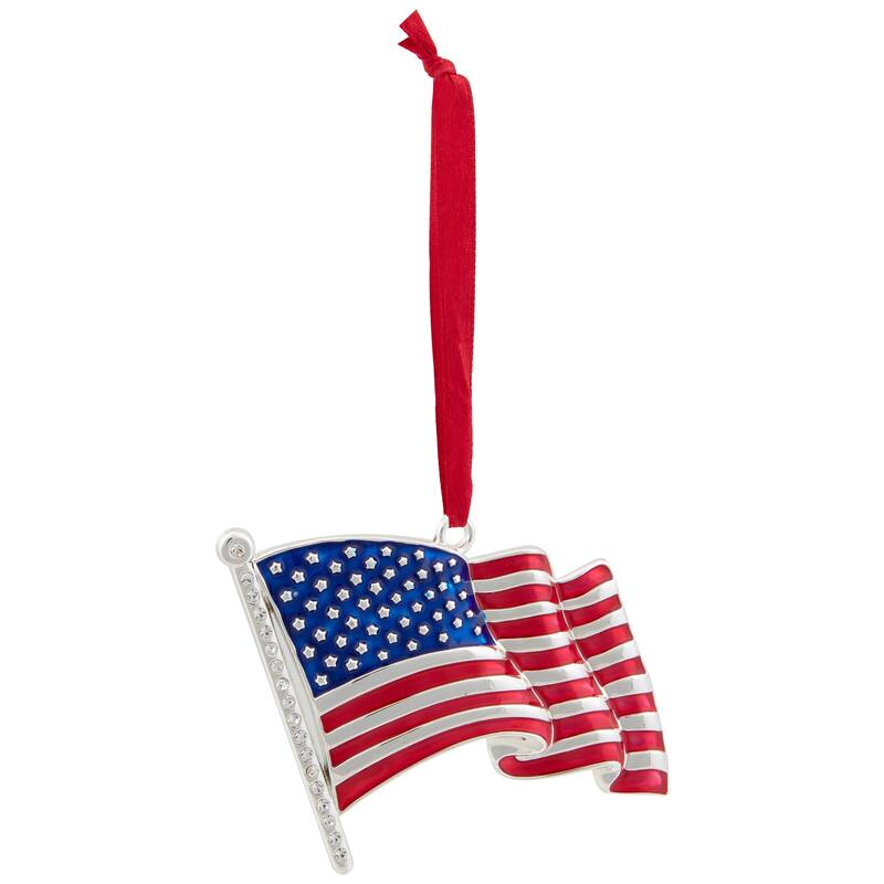 3.25" Silver Plated American Flag European Crystals Christmas Ornament