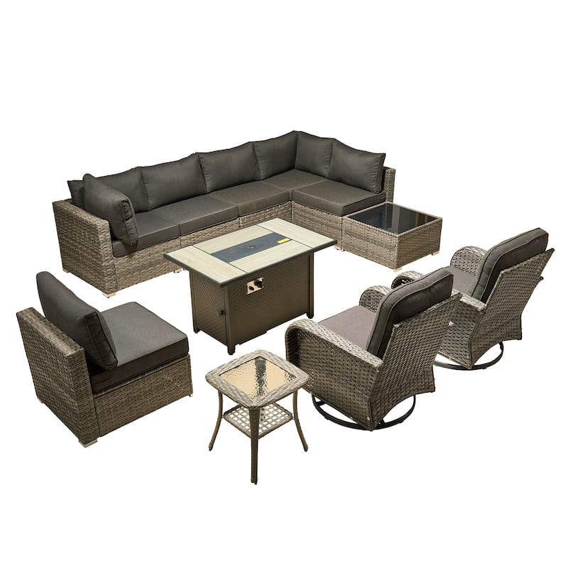 HOOOWOOO 11-piece Wicker Furniture Set Outdoor Sectional Sofa with Fire Pit