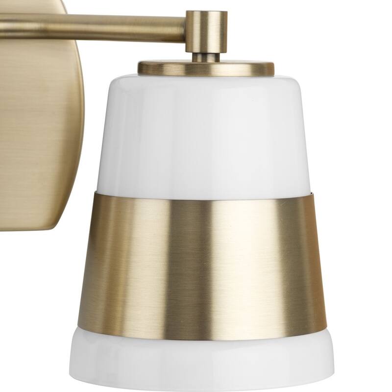 Haven Collection Two-Light Vintage Brass Opal Glass Luxe Industrial Bath Light - 16 in x 6.75 in x 7 in
