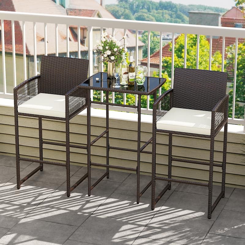 Costway 3 PCS Patio Bar Set Wicker Table & Armchairs with 2 Cushions - See Details