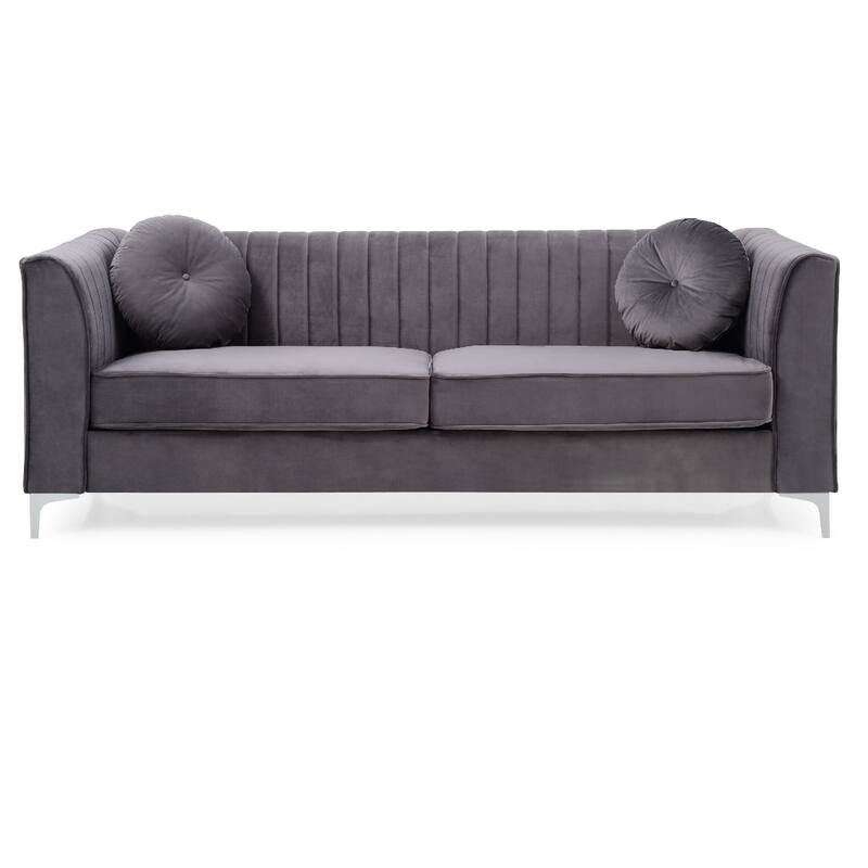 Channel Tufted Velvet 2-Seater Sofa with Throw Pillows - 87" - Gray