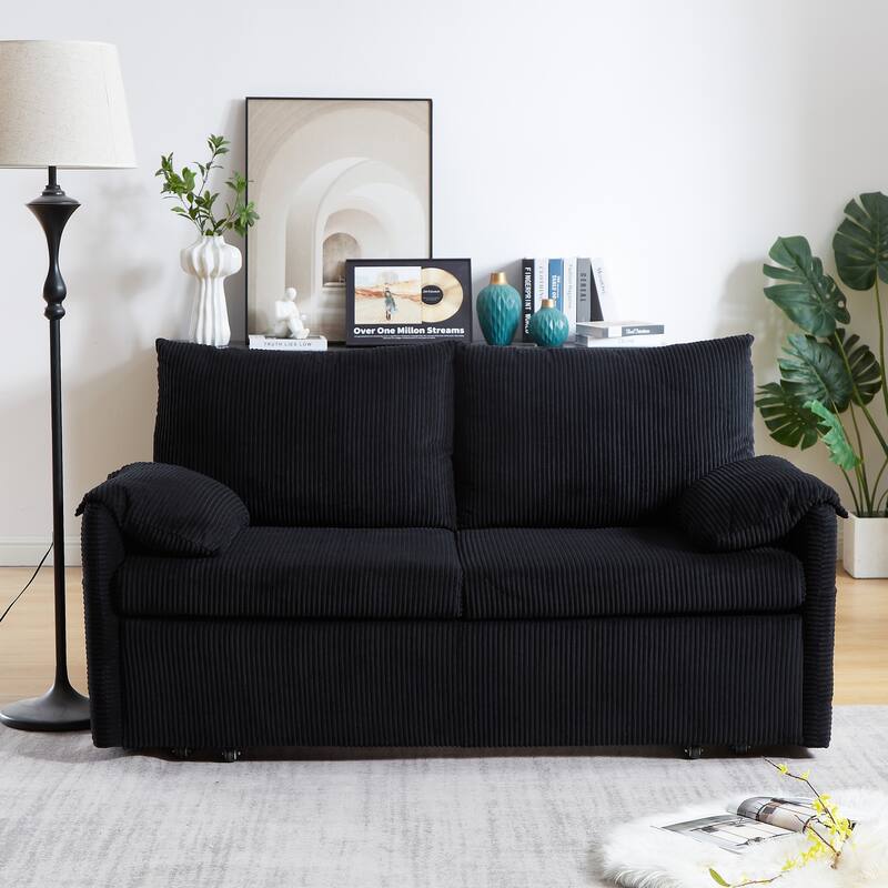 3-in-1 Adjustable Sleeper Sofa Bed Corduroy Loveseat Couch with 2 Back Pillows, Detachable Armrest Pillows and Side Pockets - Black