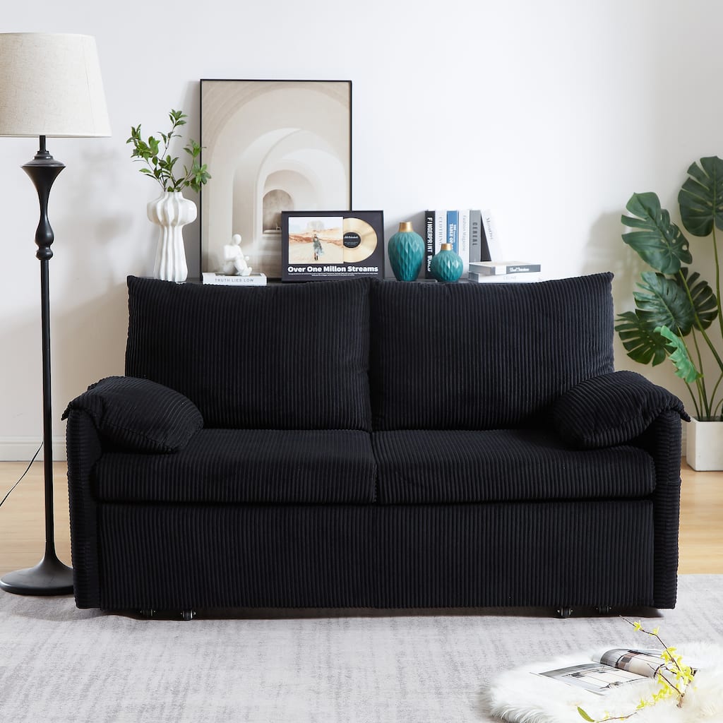 3-in-1 Adjustable Sleeper Sofa Bed Corduroy Loveseat Couch with 2 Back Pillows, Detachable Armrest Pillows and Side Pockets