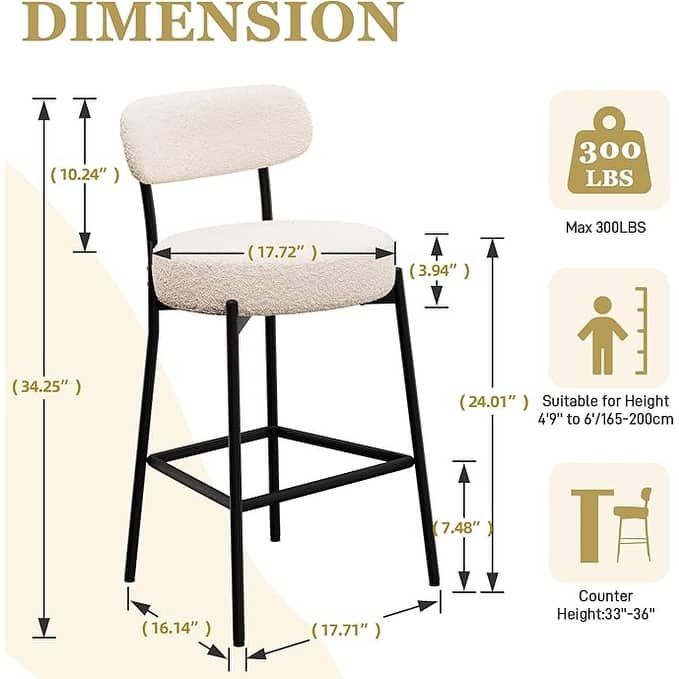 XINMICS 24 Inches Modern Counter Height Bar Stools with Curved Back Metal Legs, Upholstered Boucle Barstools, Set of 2/3/4