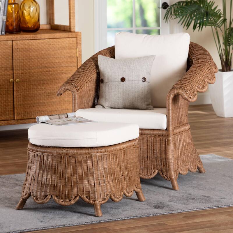 Detta Natural Rattan Armchair and Ottoman Set - 2-Piece Handwoven Wicker Lounge Seating with Scalloped Skirt Base and Arms