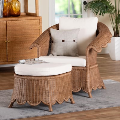 Detta Natural Rattan Armchair and Ottoman Set - 2-Piece Handwoven Wicker Lounge Seating with Scalloped Skirt Base and Arms