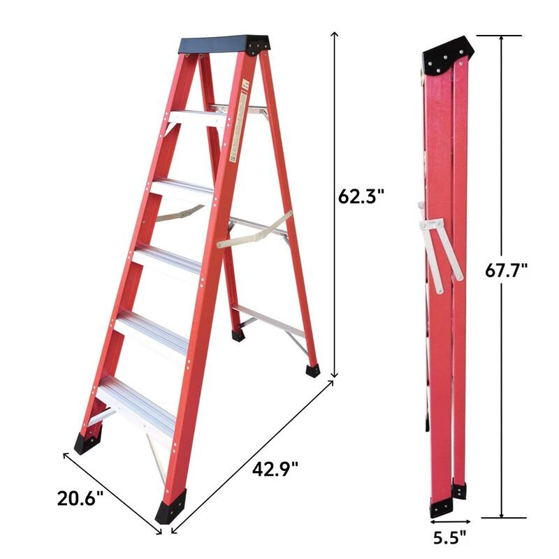 Anmytek Red Fiberglass Single Side Step Ladder Insulated Non Conductive Frame for Electrical Engineering and Home Maintenance