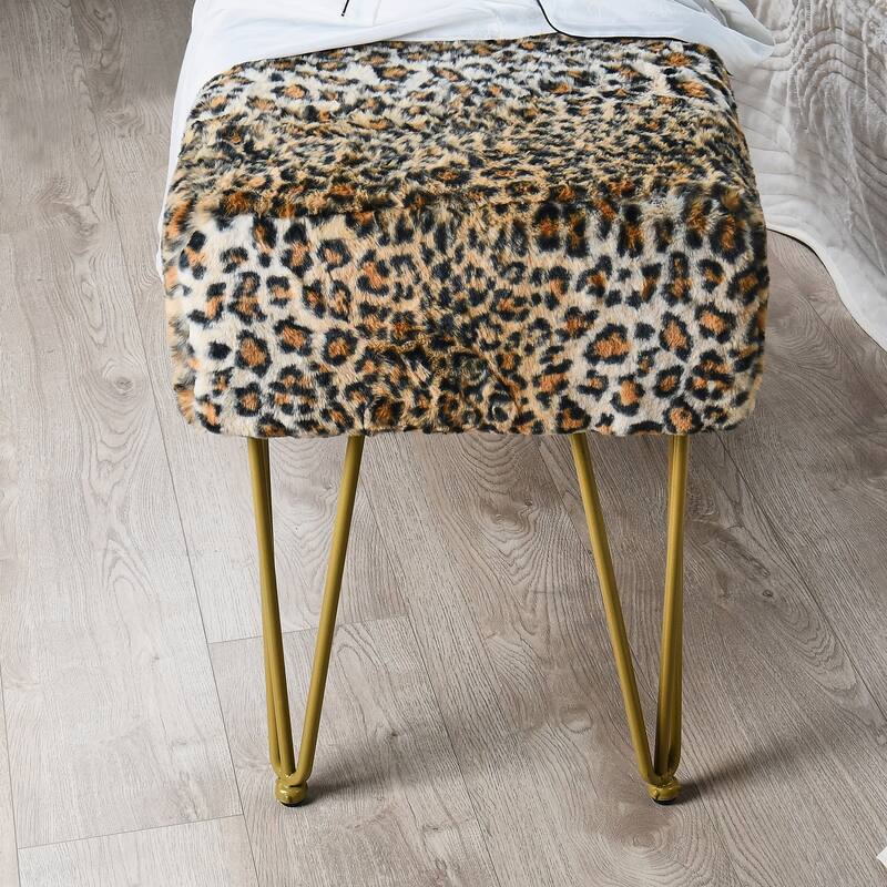 Home Soft Things Leopard Fauxfur Ottoman with Gold Metal Legs