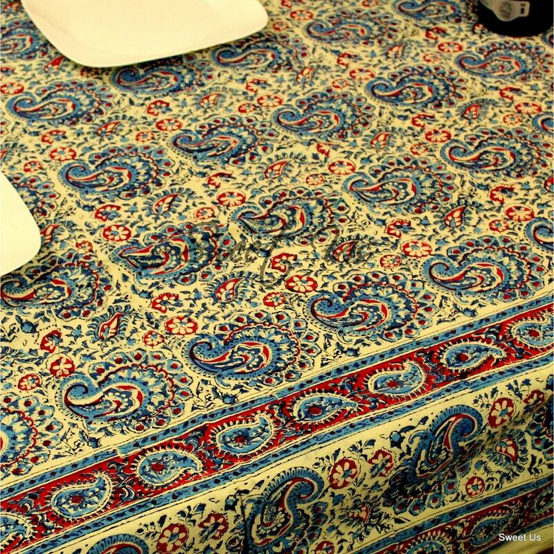 Cotton Block Print Paisley Tablecloth Rectangle - 88 x 106 in