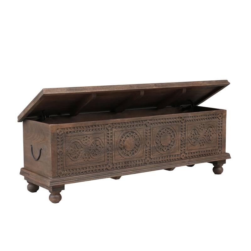 HomeRoots 54" Brown Solid Wood Medallion Storage Ottoman