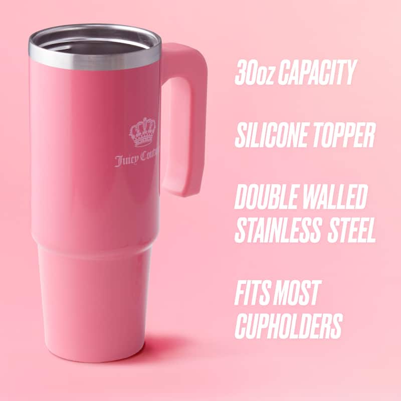 Juicy Couture Jetsetter Hydration Stainless Steel Tumbler with Handle, Straw & Topper with Velour Crossbody Pouch