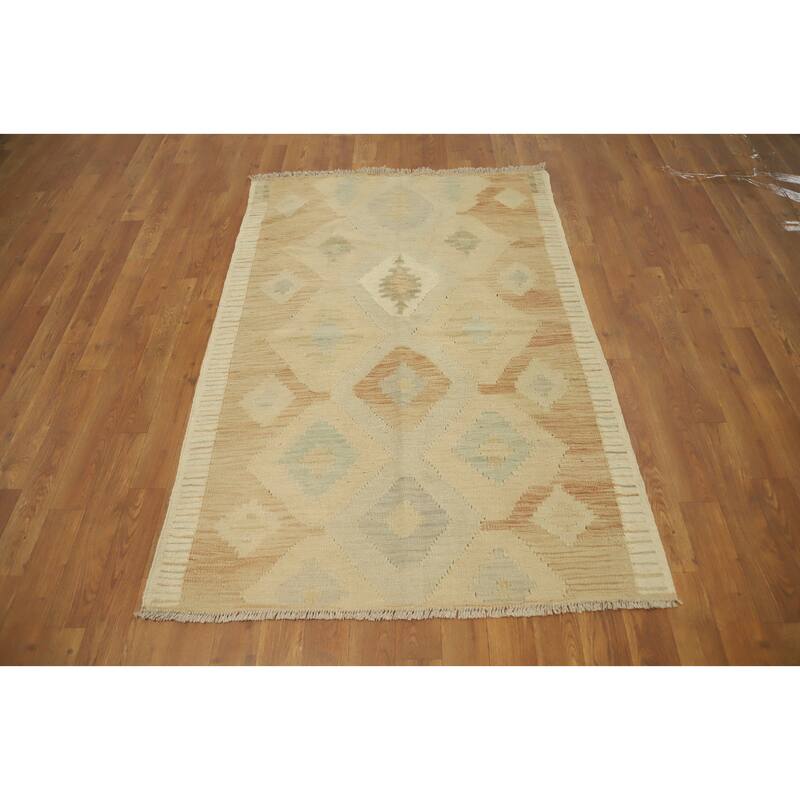 Hand Woven Oriental 100% Wool Carpet Southwestern Tribal Beige & Ivories Kilim Area Rug - 4' 10'' X 3' 3''