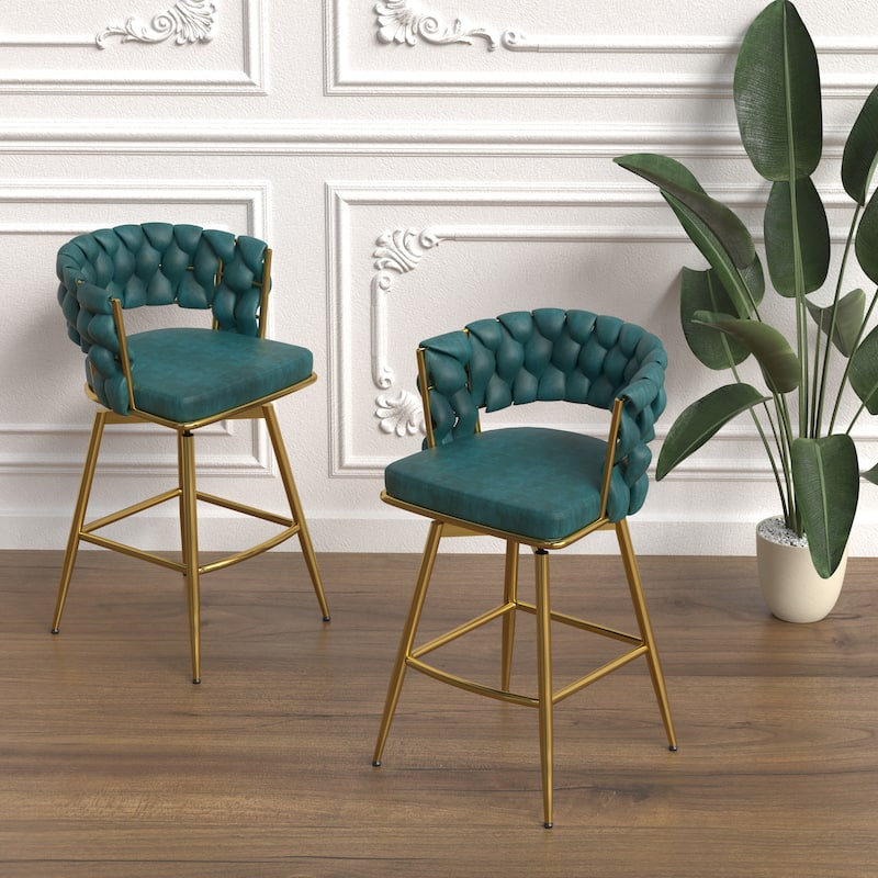 Suede Woven Bar Stool Set of 2,Golden legs Barstools No Adjustable Chairs,360 Swivel Upholstered Bar Stools with Back Footrest