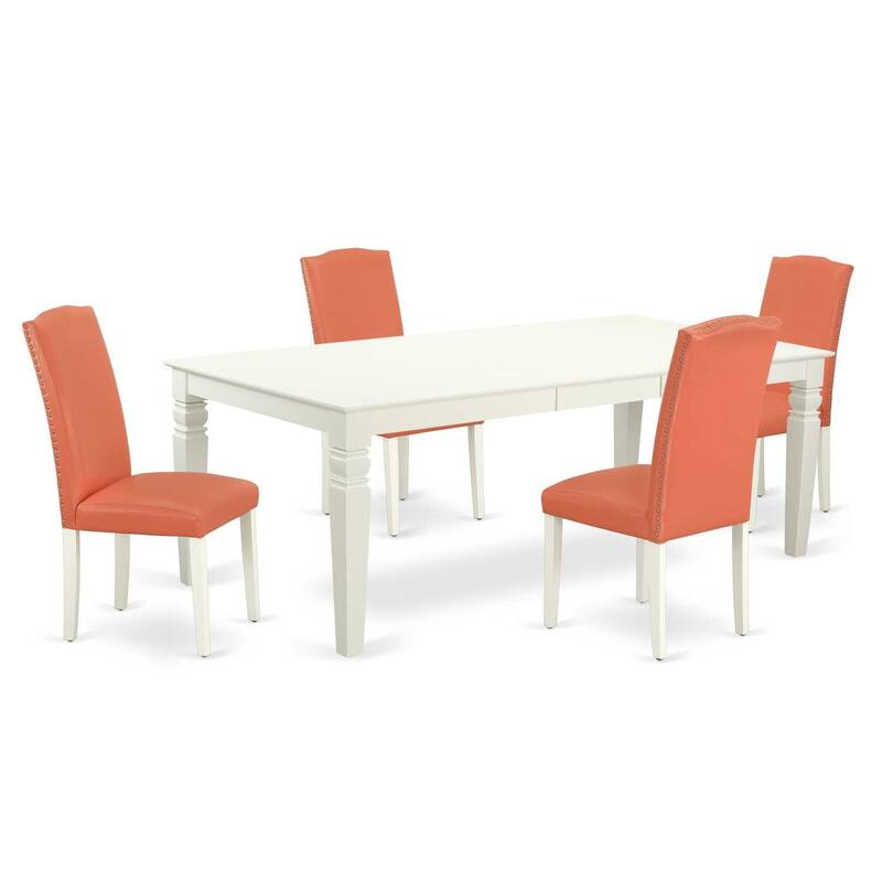 Rectangular Dining Set 5Pc Table W/Leaf & 4 Chairs Pink Flamingo Linen White Legs