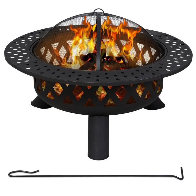 Black Cross Weave Large Round Steel Wood Burning Fire Pit with Spark Screen - 41.7 in. x 27.2 in.