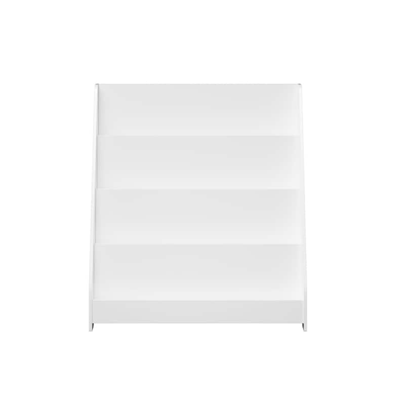 Anmytek 4-Tier Freestanding Kids Bookshelf with Slanted Front, White MDF Display Shelf for Bedroom Playroom Nursery Organization