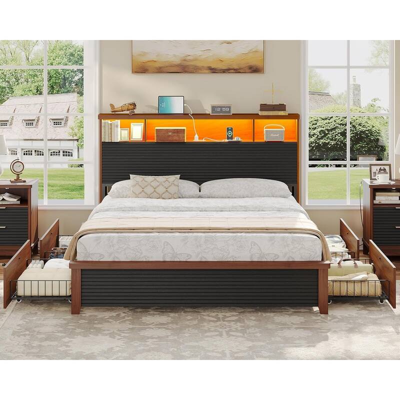 Bed Frames 4 Storage Drawers Storage Headboard Charging Station Metal Slats
