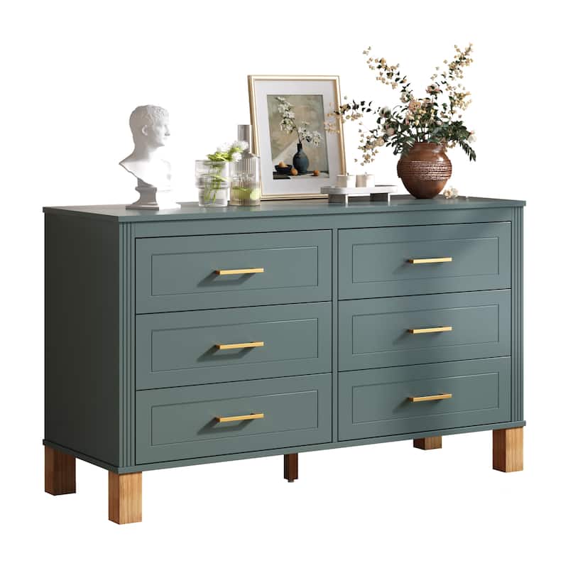 6-Drawer Double Dresser, Modern Storage Cabinet with Metal Handles & Solid Wood Legs