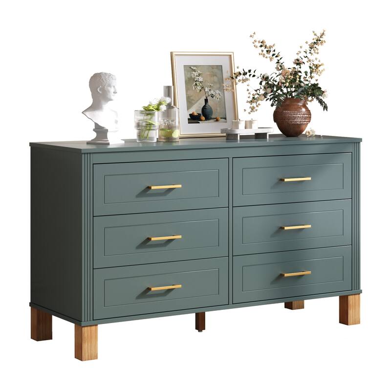 Roomfitters 6-Drawer Double Dresser, Modern Bedroom Storage Cabinet with Solid Wood Legs & Metal Handles