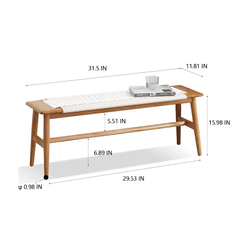 Woven Design Natural Oak Wood Dining Bench Bed Bench for Dining Room, Bedroom, Bathroom