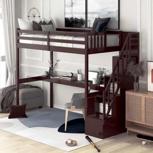 Wood twin loft sale bed with desk