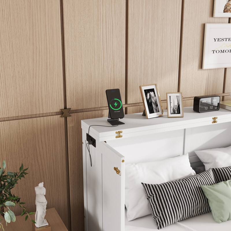 Roomfitters Queen Murphy Bed Cabinet with Storage Compartment, Charging Station with USB, Solid Pine Wall Bed