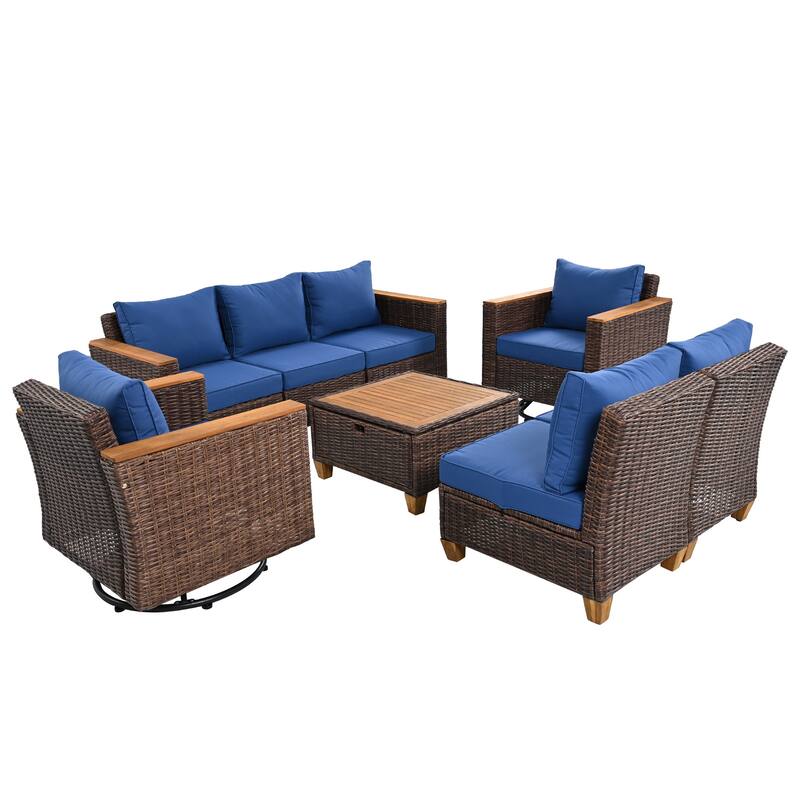 8-Piece Patio Furniture Set with Storage Table and Rattan Swivel Rocking Chairs, Outdoor Wicker Conversation Set for Backyard