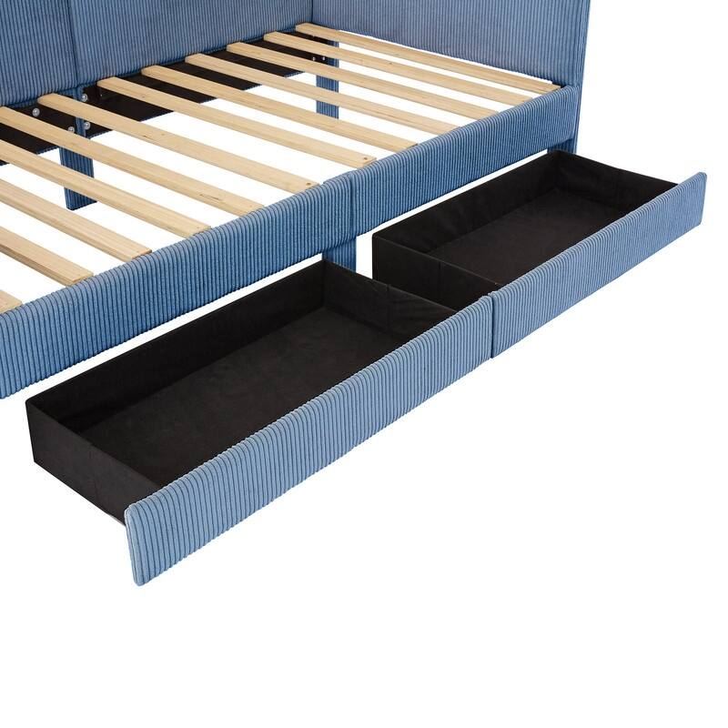 Twin Size Upholstered Daybed with L-Shaped Headboard and 2 Storage Drawers, Corduroy Daybed Frame Sofa Bed with Slats Support