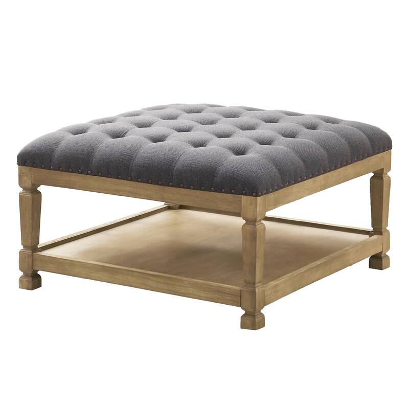 Button-Tufted Upholstered Coffee Table Ottoman with Wooden Shelf – Square Fabric Ottoman - Dark gray