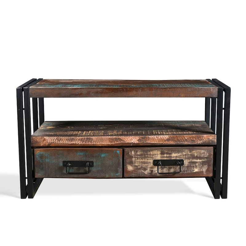 Handmade Old Reclaimed Wood TV Cabinet with Double Drawers (India) - 41" x 15.75" x 23.5"