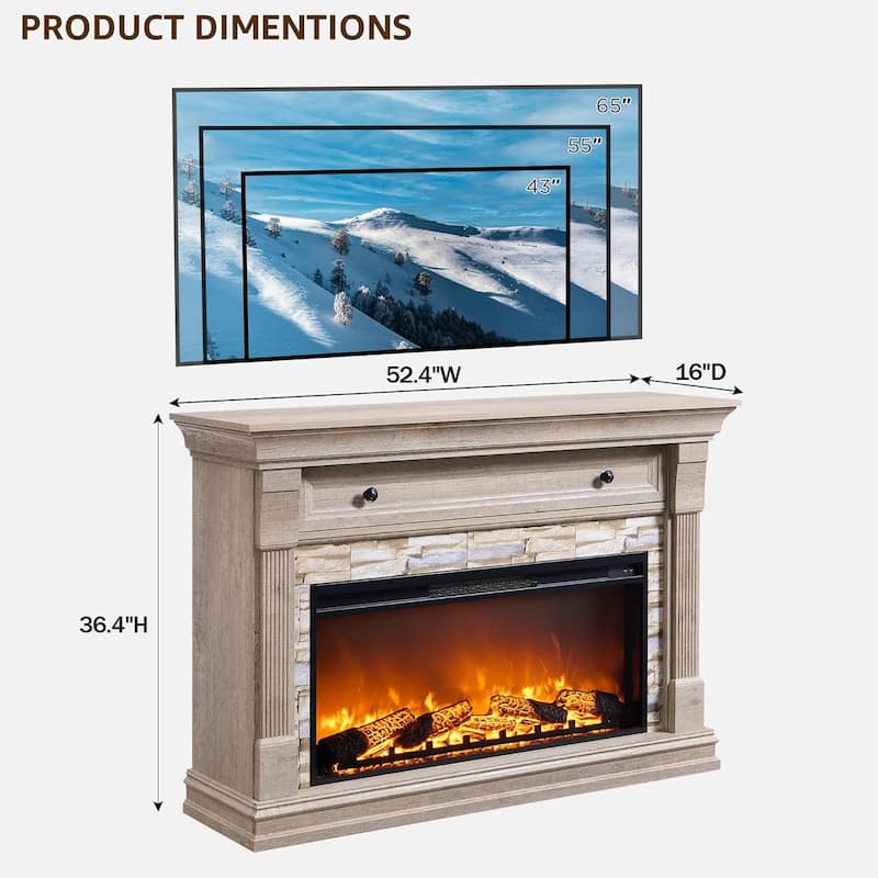 52" Farmhouse Electric Fireplace TV Stand, Wood Entertainment Center