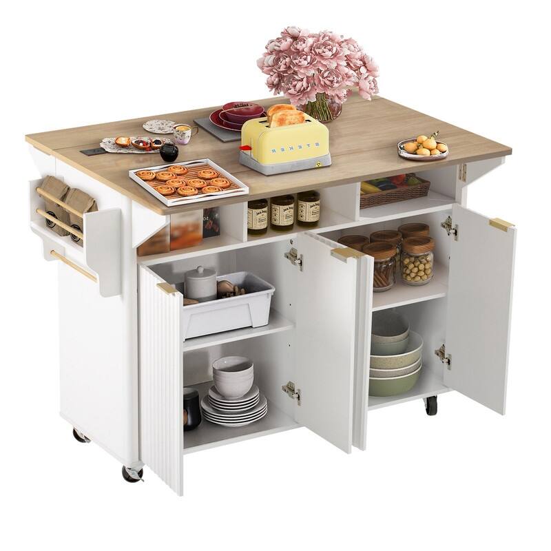 Modern 55.5" Fluted Kitchen Island with Drop Leaf, Kitchen Storage Cart on 5 Wheels with Power Outlet, Spice rack,Curved Edge