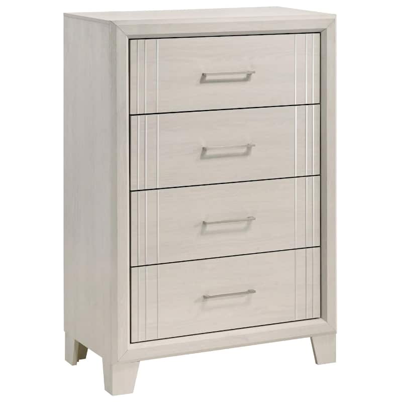 Charie Tall Dresser Chest with 4 Drawers, Tapered Feet, White Wood
