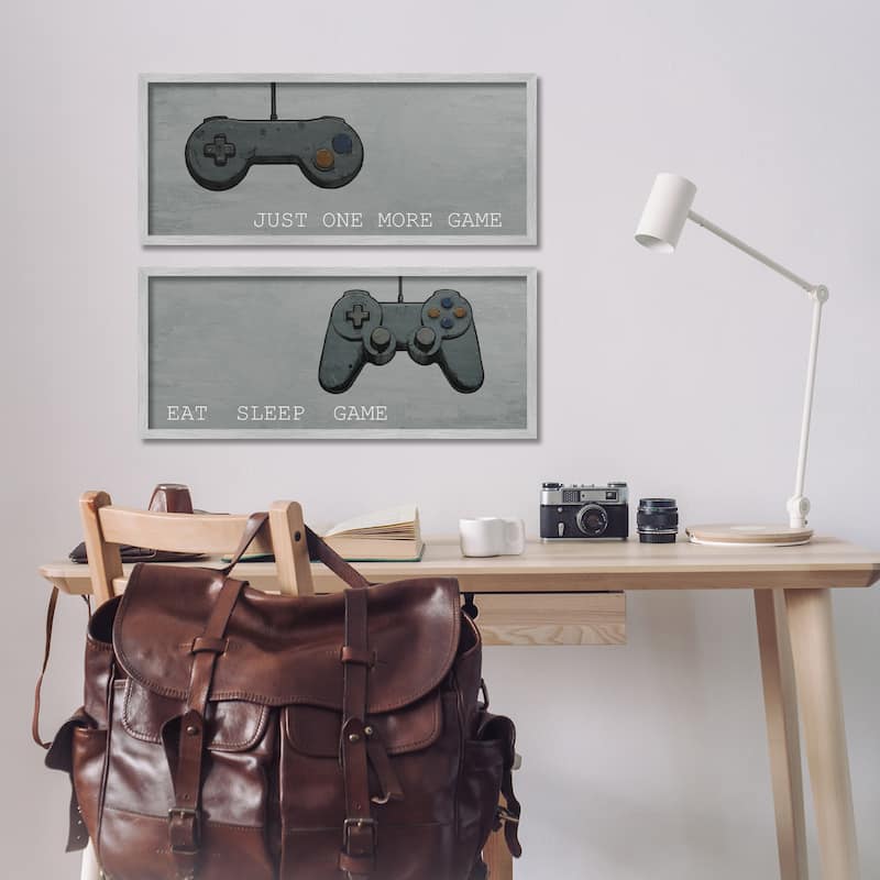 Stupell Gamer Phrases on Grey Framed Giclee Art Design By Kim Allen (Set of 2)