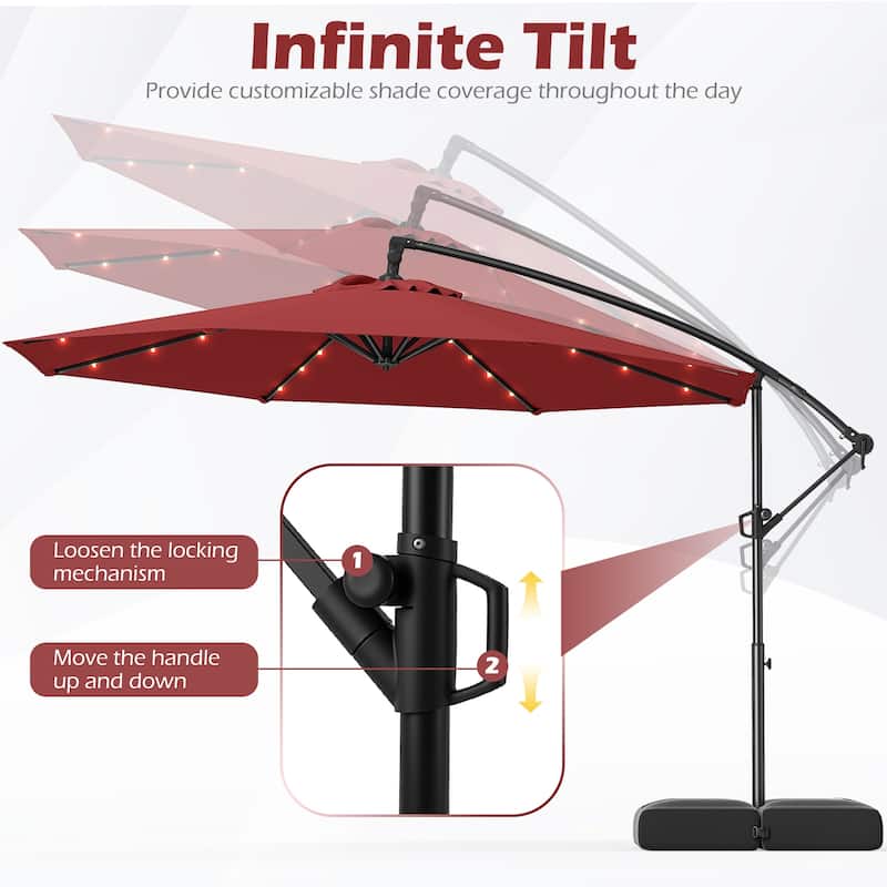 Large 10 Feet Patio Offset Umbrella with Stable Crossed Base and Solar LED Lights for Outdoor