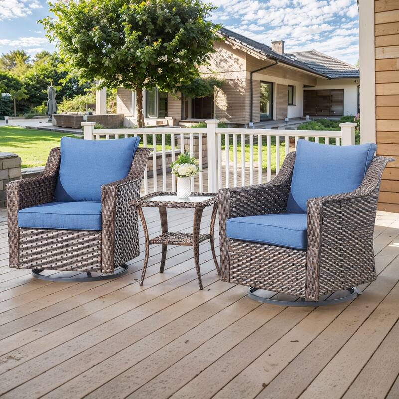 Pocassy All-Weather Rattan Patio Funiture Set - Brown Wicker / Blue Cushion - 3-Piece Swivel Chair with Side Table