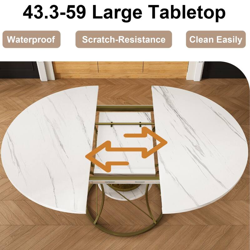 43.31" Round Extendable Wooden Dining Table with Storage Shelf and Metal Base