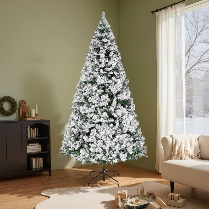 Green PVC and Iron 7.2x4.5 ft Snow Flocked Christmas Tree with 470 LED Lights - 4.5 x 7.2 ft