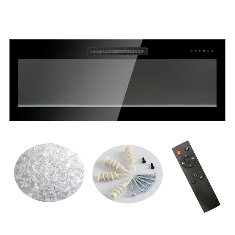 50" Recessed Ultra Thin Tempered Glass Front Wall Mounted Electric Fireplace With Remote And Multi Color Flame & Emberbed