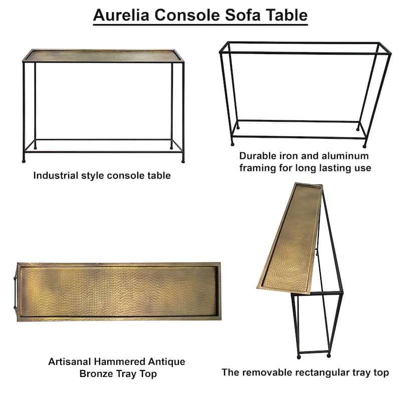 Aurelia 48 Inch Console Sofa Table, Artisanal Hammered Antique Bronze Tray Top, Industrial Black Iron Frame