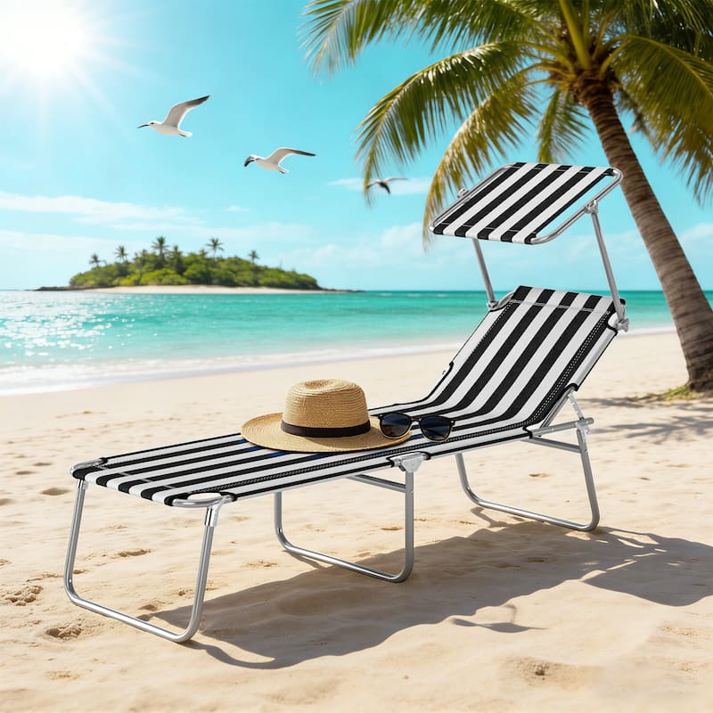 Outsunny Outdoor Lounge Chair, Adjustable Folding Chaise Lounge, Tanning Chair with Sun Shade for Beach, Camping, Hiking
