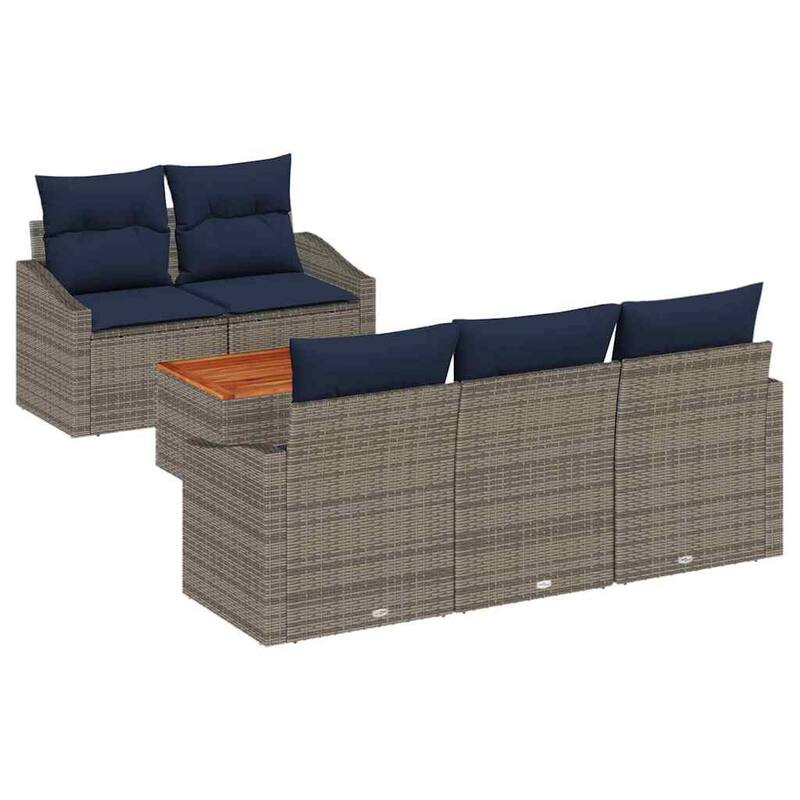 vidaXL 6 Garden Sofa Set with Cushions Black/Grey Poly Rattan - 70.1 x 24.4 x 27.2