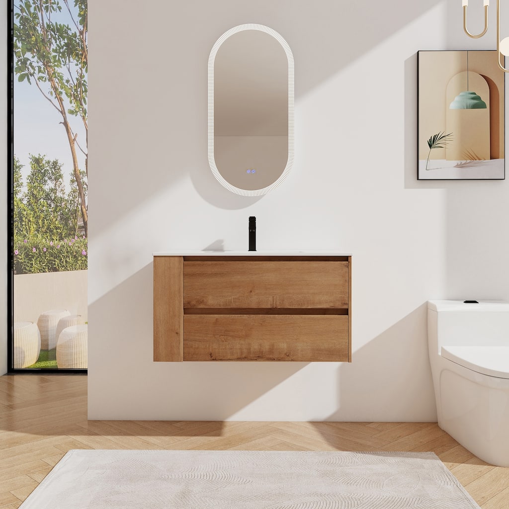 36 inch Plywood Wall Mounting Bathroom Vanity Set in Imitative Oak with Integrated Ceramic Sink