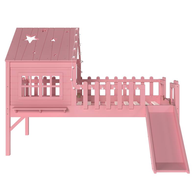 House Loft Bed with Slide and LED Lights, Kids Playhouse Bed with Star & Moon Cutout Roof and Window, Low Loft Bed
